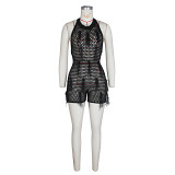 Sexy halter neck knitted hollow see through romper handmade tassel short jumpsuit