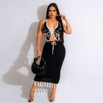 Sexy women's hand-crocheted butterfly top knitted fringed skirt fashion set