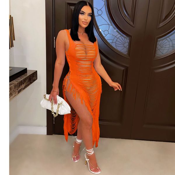 Summer ladies dress sexy hollow out beach gown fringed long sleeveless dresses