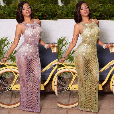 Sexy women's hollow crochet sleeveless straight maxi long beach dress