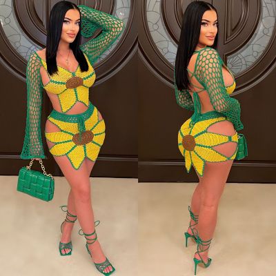 Ladies beach suit sexy hand-crocheted sunflower fashion 2 piece skirt set