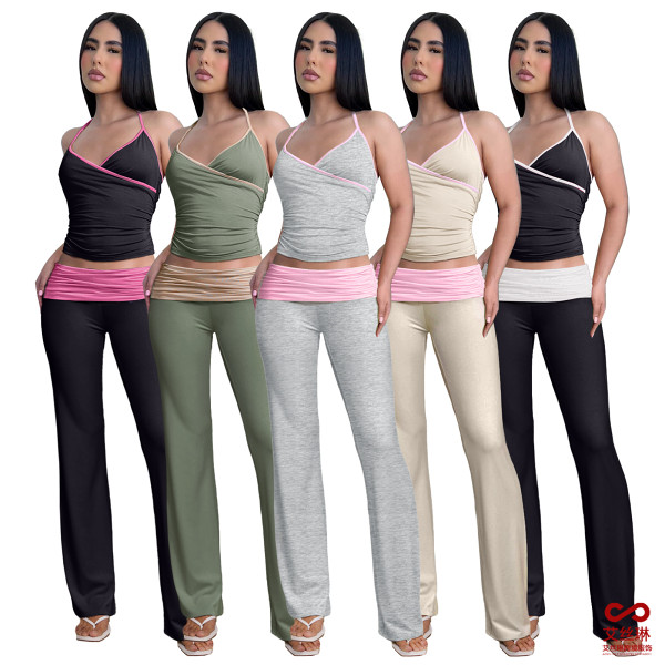 Fashion slim strap pleated anti low waist micro-pants 2 piece set