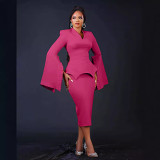 Solid color pleated long sleeve V-neck elegant solid midi dress