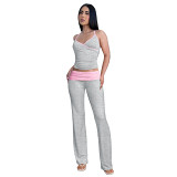 Fashion slim strap pleated anti low waist micro-pants 2 piece set