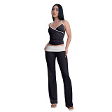 Fashion slim strap pleated anti low waist micro-pants 2 piece set