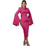 Solid color pleated long sleeve V-neck elegant solid midi dress
