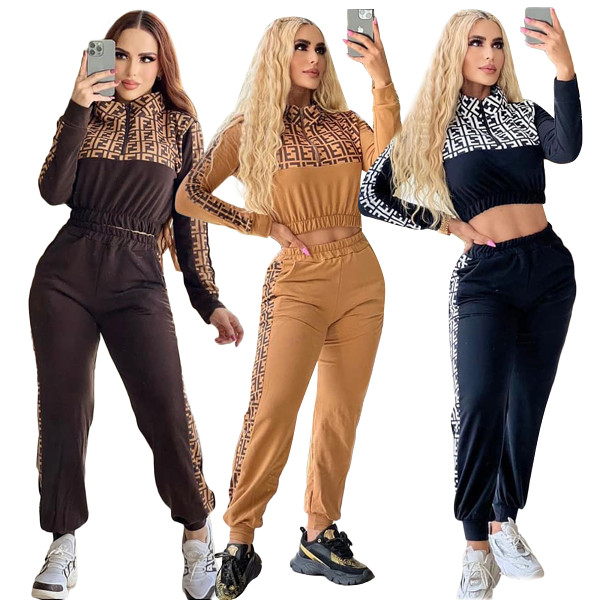 New fashion casual printed ladies sweater 2 piece tracksuit set