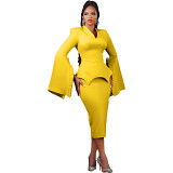Solid color pleated long sleeve V-neck elegant solid midi dress