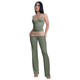 Fashion slim strap pleated anti low waist micro-pants 2 piece set