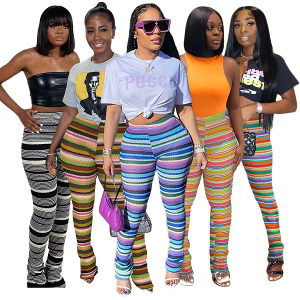 Colored striped knitted hollow jacquard fashion stacked flared pants