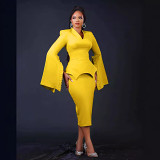Solid color pleated long sleeve V-neck elegant solid midi dress