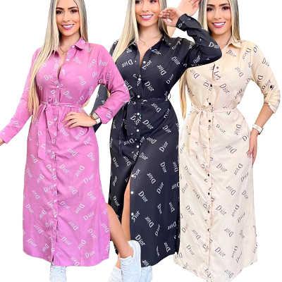 Ladies casual printed loose shirt long dress