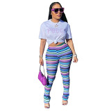 Colored striped knitted hollow jacquard fashion stacked flared pants