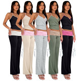 Fashion slim strap pleated anti low waist micro-pants 2 piece set
