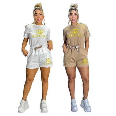 Fashion casual ladies embossed embroidered short sleeve shorts set