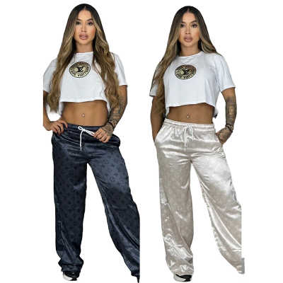 Summer casual short sleeve round neck crop top shirt wide leg pants
