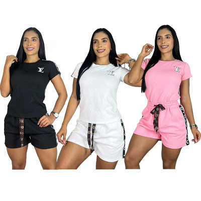 Ladies embroidered short sleeve shorts embossed set