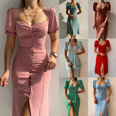Summer new V neck single button elegant long midi casual dress