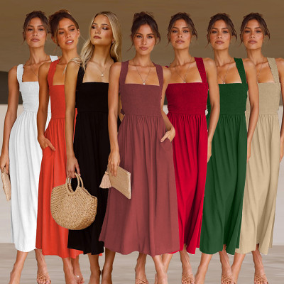 Summer sexy backless solid color slip women long A-line midi dresses