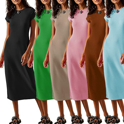 New summer solid color short sleeve slim casual women long dress