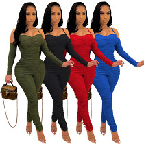 Women's jumpsuit sexy tube top long sleeve shrink wrinkle sling jumpsuit