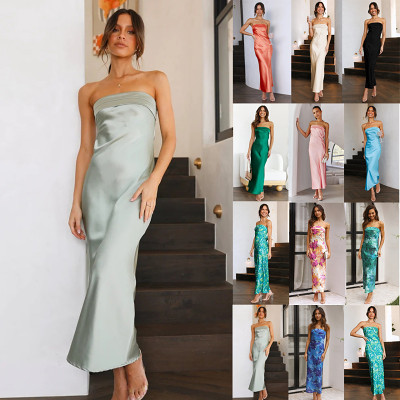 Elegant ladies satin hollow out backless tube top dress long party