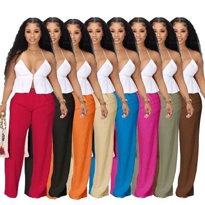 Flax and cotton casual pants breathable straight summer solid women trousers
