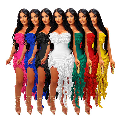 Women's fungus edge tassels dress sexy irregular tube top ruffled summer dress