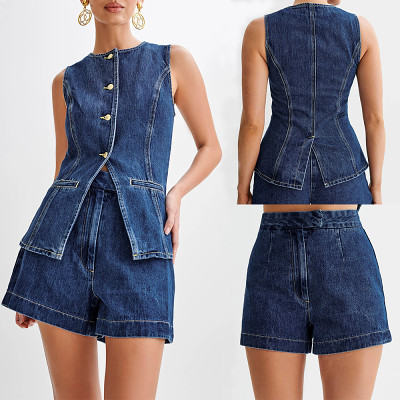 Fashion sleeveless denim top high waist jeans shorts