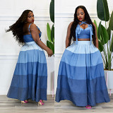 Contrast color sleeveless halter crop top maxi skirt plus size 2 piece outfits
