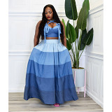 Contrast color sleeveless halter crop top maxi skirt plus size 2 piece outfits