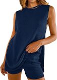 Knitted loose sleeveless top leisure shorts summer 2 piece set