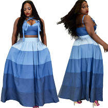 Contrast color sleeveless halter crop top maxi skirt plus size 2 piece outfits