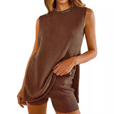 Knitted loose sleeveless top leisure shorts summer 2 piece set