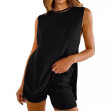 Knitted loose sleeveless top leisure shorts summer 2 piece set