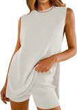 Knitted loose sleeveless top leisure shorts summer 2 piece set