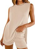 Knitted loose sleeveless top leisure shorts summer 2 piece set