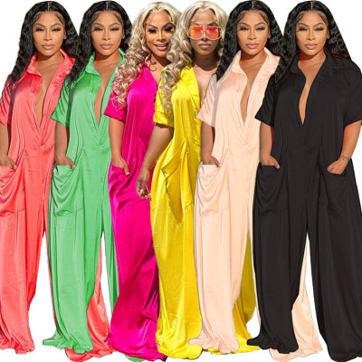 Short sleeve summer solid color satin loose wide women jumpsuit