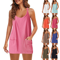 Summer vest shorts and slip dress pocket casual 3 piece set