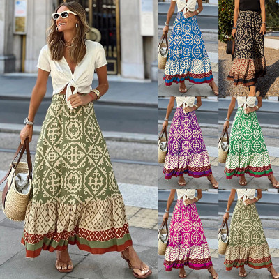 Summer new print loose stitching big swing skirt women's skirt