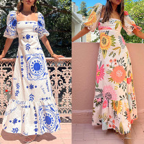 Square collar lantern sleeve A-line printed maxi long dress