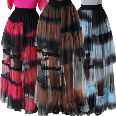 High waist mesh gradient splicing laminated long skirt