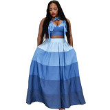 Contrast color sleeveless halter crop top maxi skirt plus size 2 piece outfits