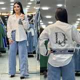 Long sleeve solid color simple embroidered letter shirt with pocket