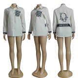 Long sleeve solid color simple embroidered letter shirt with pocket