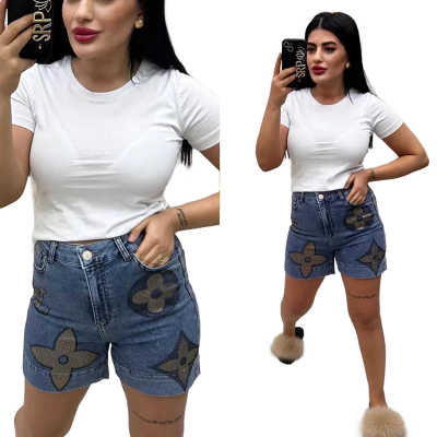 Fashion rhinestones casual denim shorts summer waist slim shorts stretch jeans
