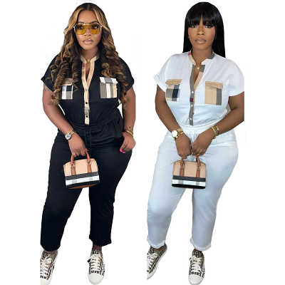 Fashion casual short sleeve lapel plaid jumpsuit