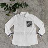 Long sleeve solid color simple embroidered letter shirt with pocket