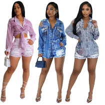 Fashion printed two piece long sleeve shirt with shorts female fake pocket