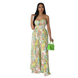 Open back strapless printed pleated wide leg women jumpsuit